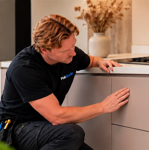 Keukenwrapspecialist van PlakStudio bekijkt de afwerking van keukenfronten – keuken wrappen in Best
