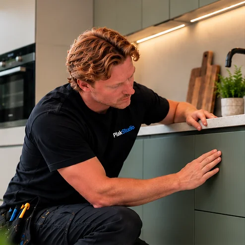 PlakStudio kitchen wrapping specialist checking cabinet fronts in Nuenen