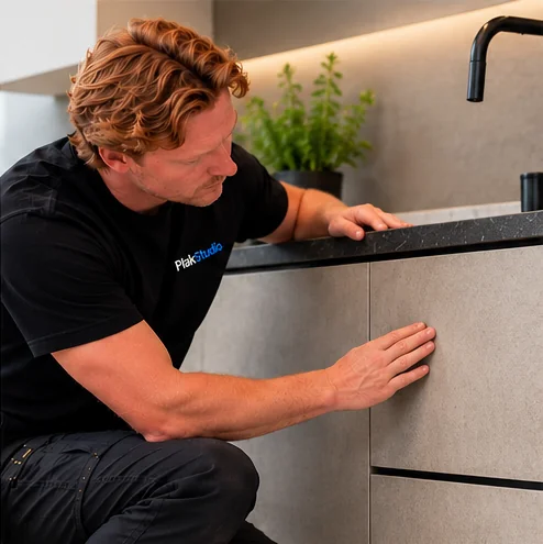 Keukenwrapspecialist van PlakStudio bekijkt de afwerking van keukenfronten – keuken wrappen in Waalre