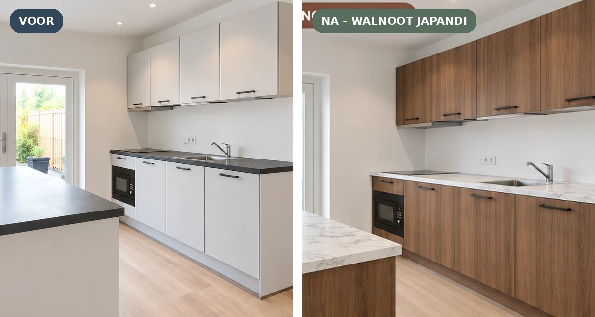 Voor- en na-kleurvisualisatie van een keuken: witte keuken naar walnoot japandi keukenfronten, inspiratie voor Best