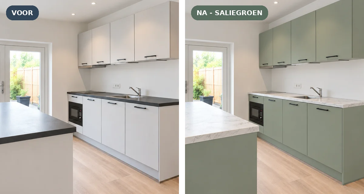 Voor- en na-kleurvisualisatie van een keuken: witte keuken naar saliegroen keukenfronten, inspiratie voor Waalre