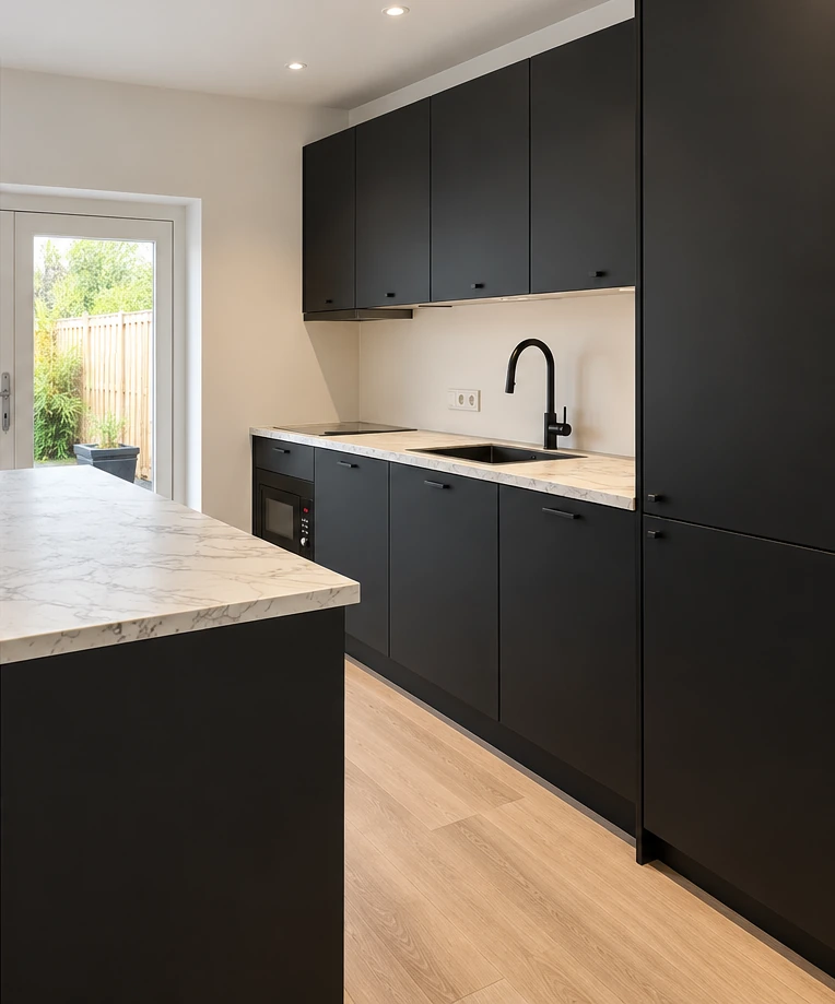 Dezelfde keuken met een matzwarte uitstraling als visualisatie