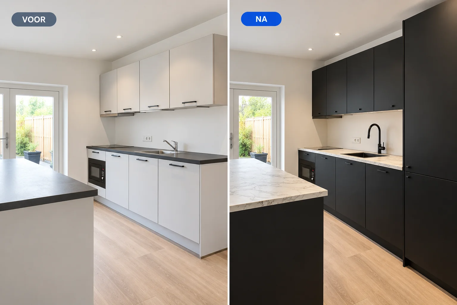 Visualisatie van een lichte keuken naast dezelfde keuken met donkere fronten